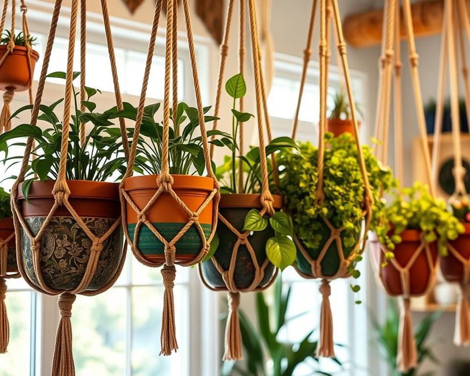 Hangende plantenpotten met een decoratief touw