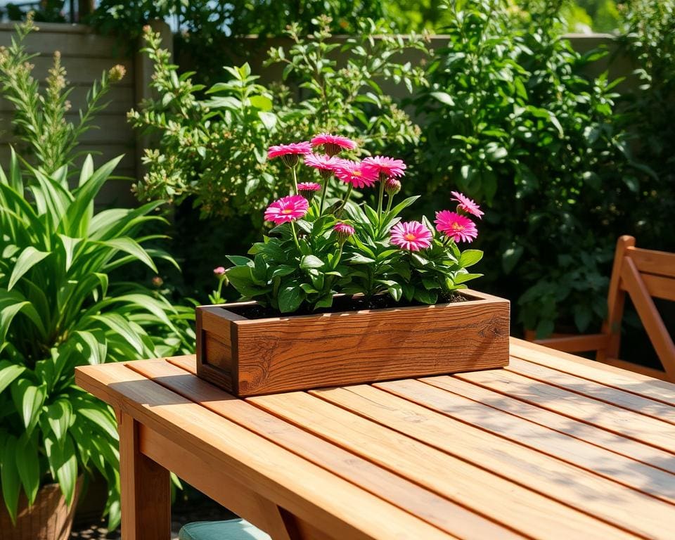 houten tafel met plantenpot