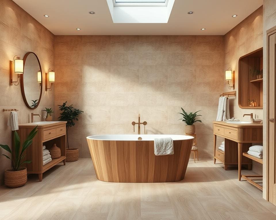 Een badkamer met warme houttinten en tegels