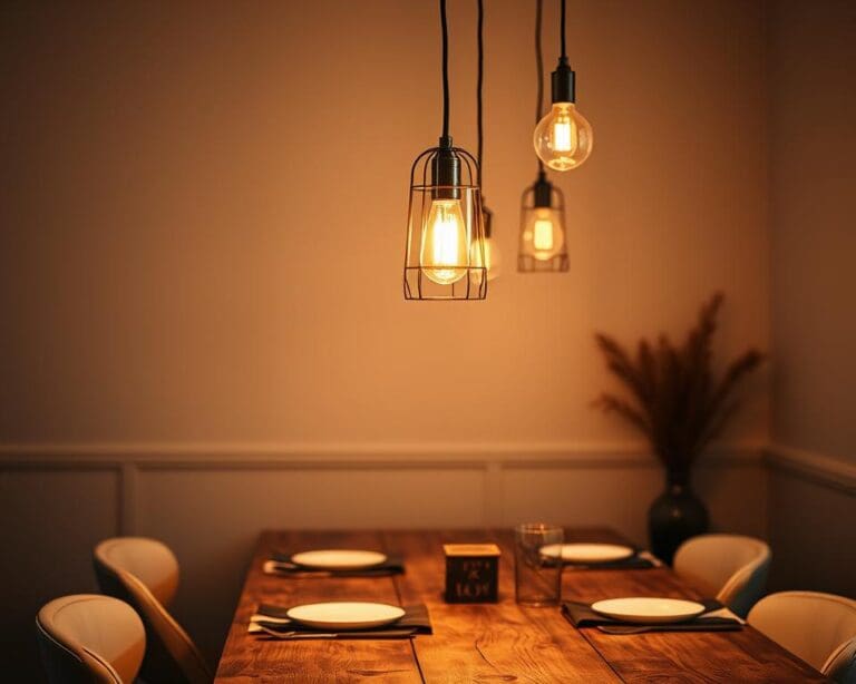 Een eettafel onder een sfeervolle hanglamp