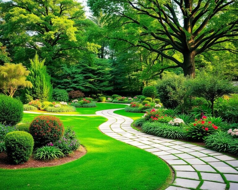 Tuininrichting met groen en bestrating